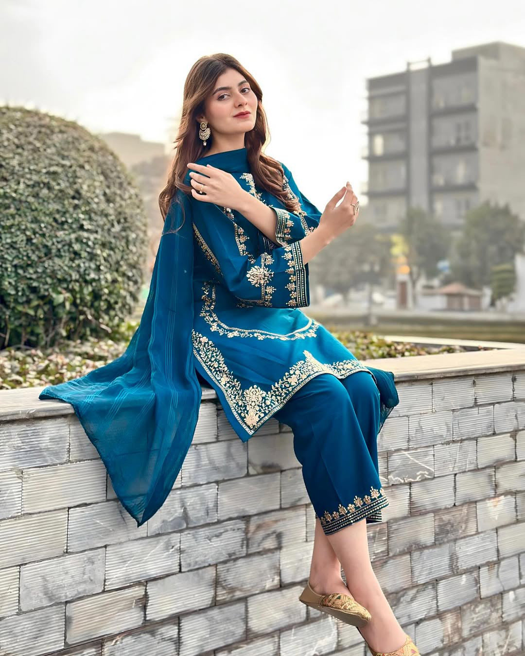 Sequins Embroidered Silk Kurti & Trouser Set with Chiffon Dupatta (3PC)