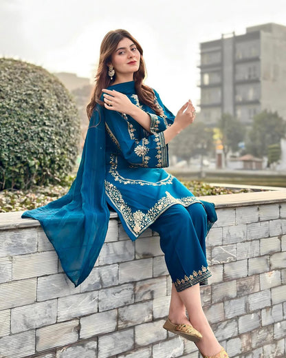 Sequins Embroidered Silk Kurti & Trouser Set with Chiffon Dupatta (3PC)