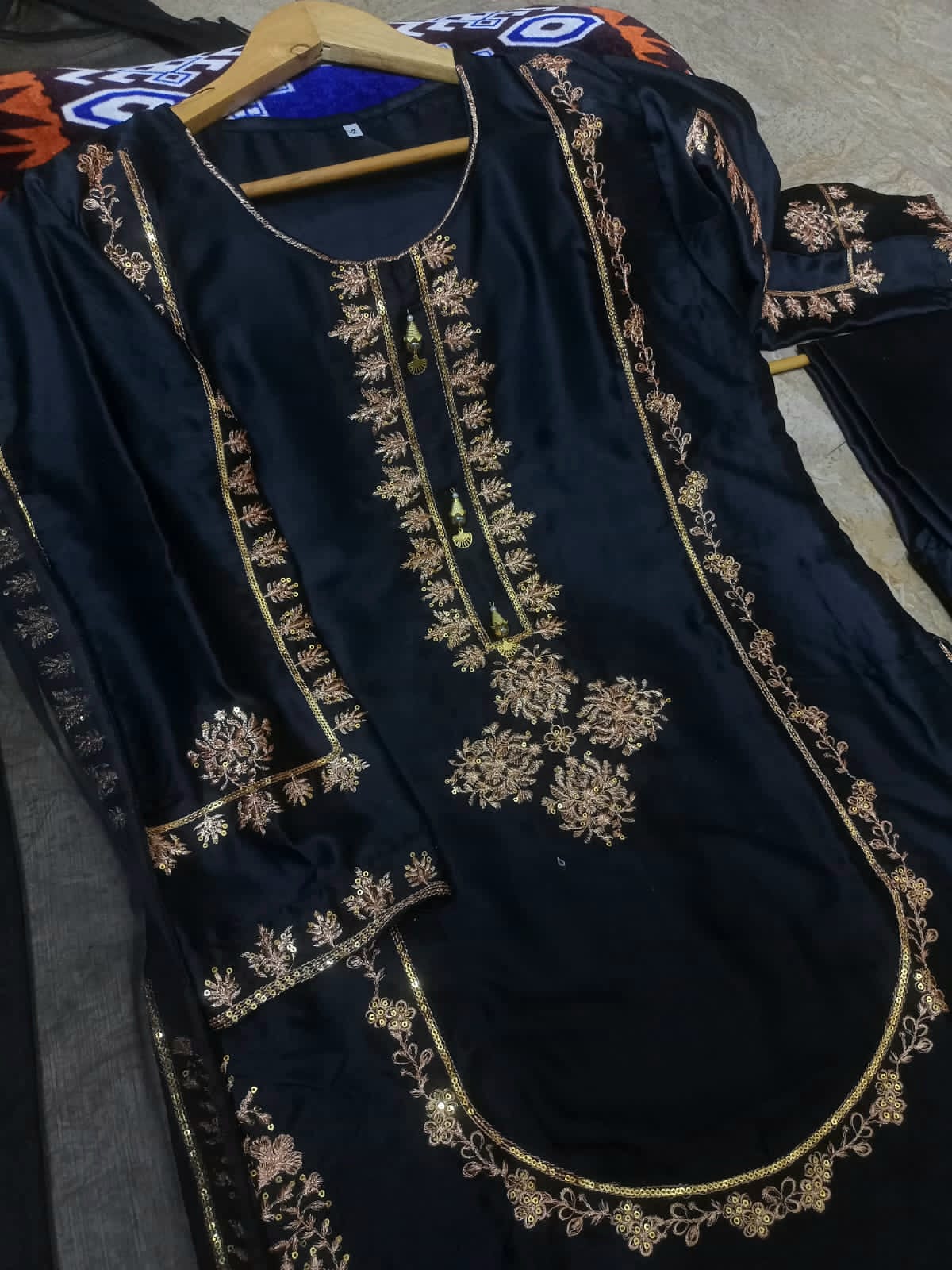 Sequins Embroidered Silk Kurti & Trouser Set with Chiffon Dupatta (3PC)