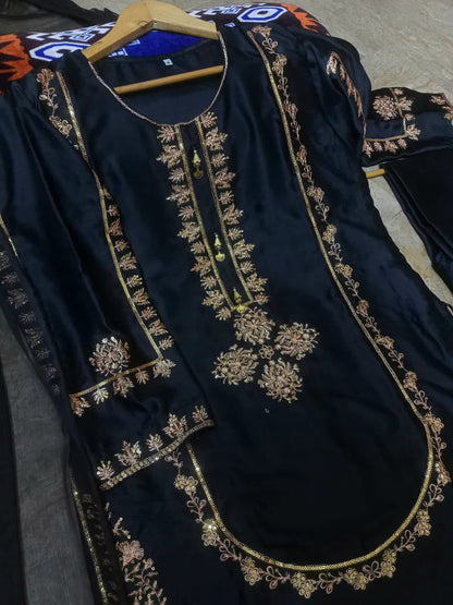 Sequins Embroidered Silk Kurti & Trouser Set with Chiffon Dupatta (3PC)